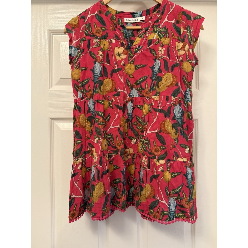 Roller Rabbit Top Women 8 Pink Bird Floral Tiered Pom Pom Cotton Babydoll Blouse